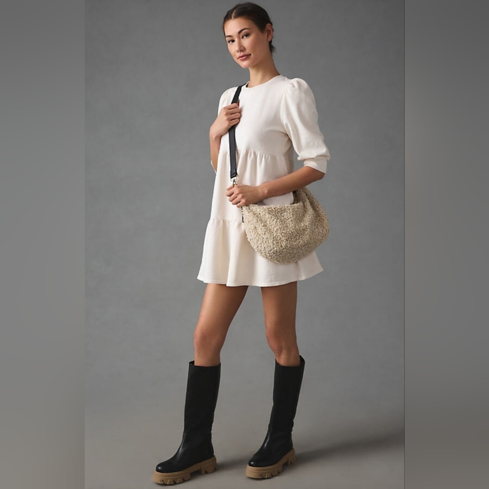 Anthropologie T.La Savannah Puff-Sleeved Beige Mini Dress Size M